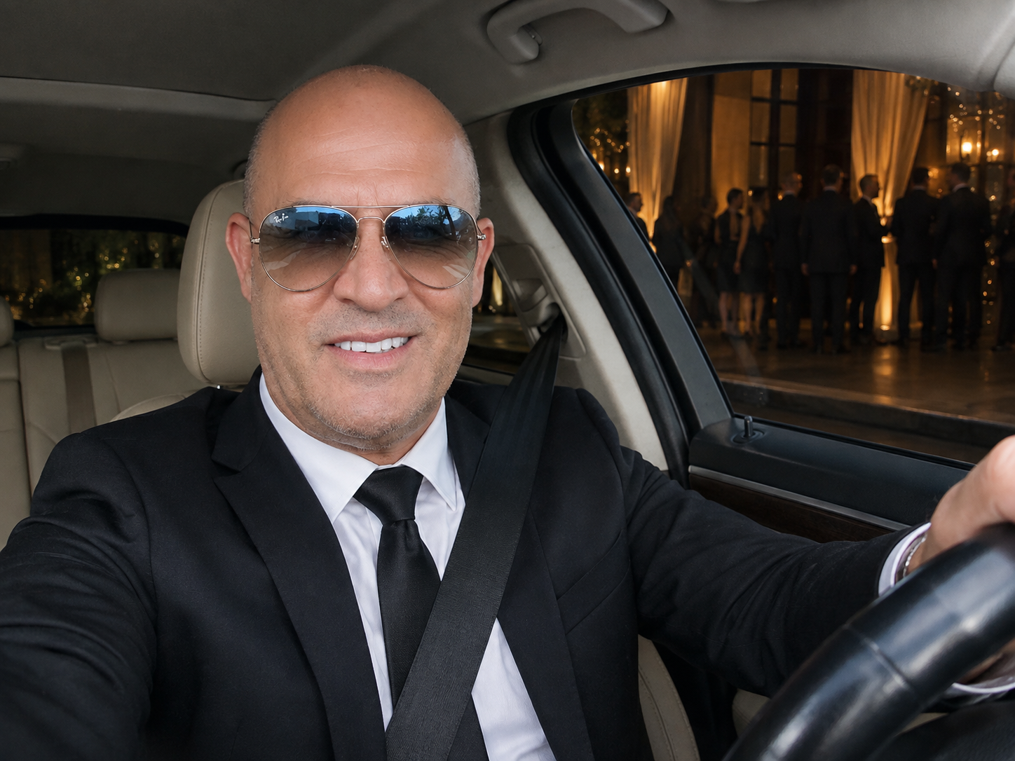 Ernesto Bueno, motorista executivo profissional, ao volante em traje formal
